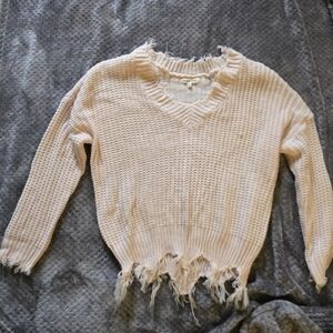 Main Strip Blush Frayed V-Neck Sweater